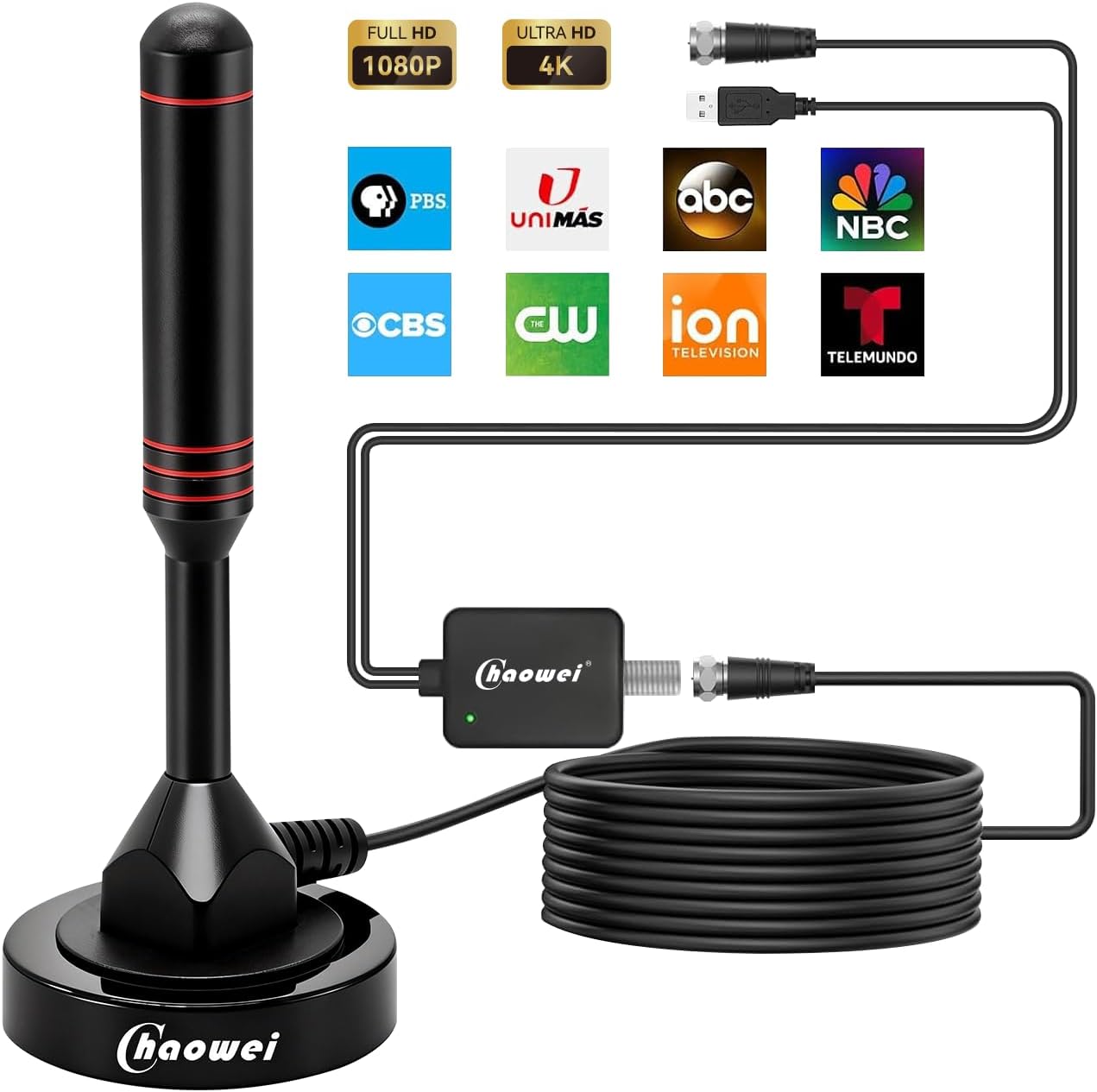Chaowei Digital TV Antenna, Indoor Outdoor HD | Magnetic Base, Signal Amplifier, 4K 1080P Reception, 16.5FT Coax Cable