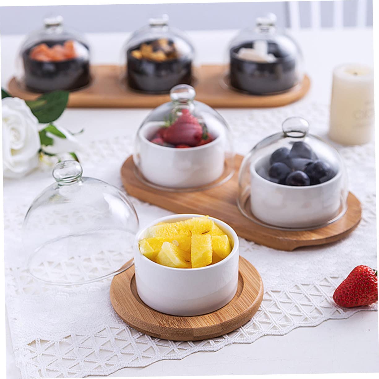 Ipetboom Bol De Cerámica Para Postres Elegante Bol Para Servir Comida Para Fiestas Tapa Transparente De Vidrio Para Ensaladas y Frutas