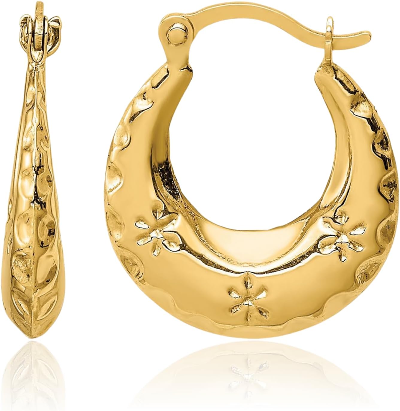 IceCarats 14K Solid Yellow Gold Medium Hoop Earrings 16.6mm 5/8 inch Snap Back, Textured For Her