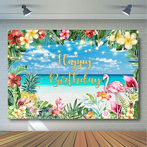 Avezano Flamingo Birthday Backdrop Tropical Flowers Hawaiian Beach Let's Flamingle Party Photography Background Flamingo Happy Birthday Party Decorations For Girls Photoshoot (7X5Ft) #TOP3