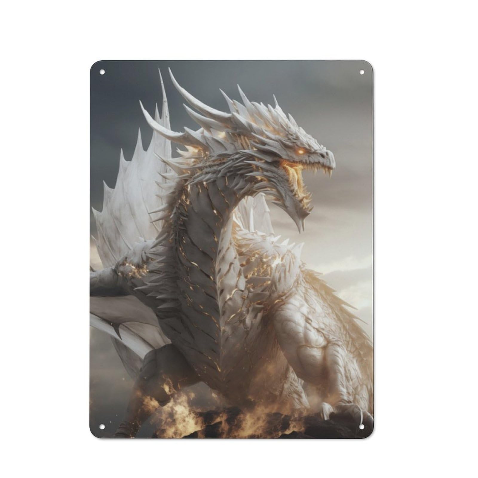 Junmoney White Gold Dragon Metal Plaque 40X30cm With For Garage Wall, Vintage Decor, For Vintage Wall Decor Fans, For Metal Sign Collectors