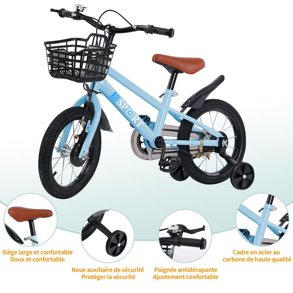 Kinderfiets, 14 inch, fiets met steunwielen en mand, fiets voor jongens
