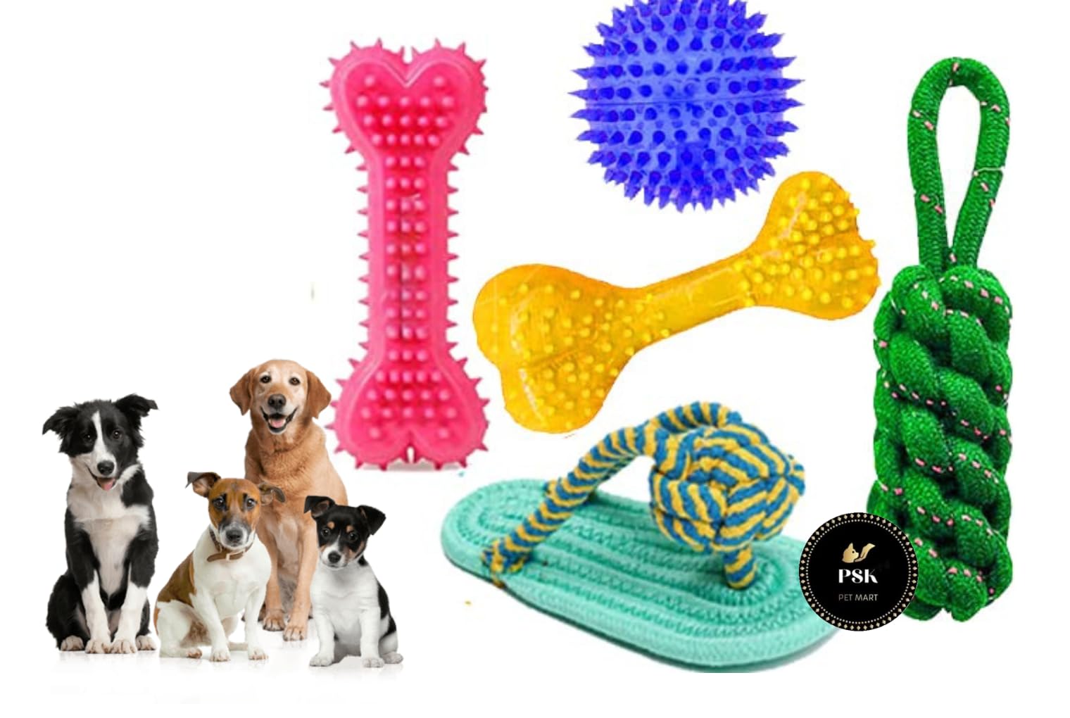 PSK PET MART Dog Toys for Puppies & Small Dogs Toys Spike Teether Ball Toy + Rope Ball Toy + Gums Cleaner Correct Rope Toy + Play Bell Ball Toy + Rubber Chew Bone Toy (Pack of 5) Colourful Toys (B0C7GM2BM8) Amazon Price History, Amazon Price Tracker