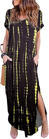 HUSKARY Women's Summer Maxi Dress Casual Loose Pockets Long Dress Short Sleeve Split