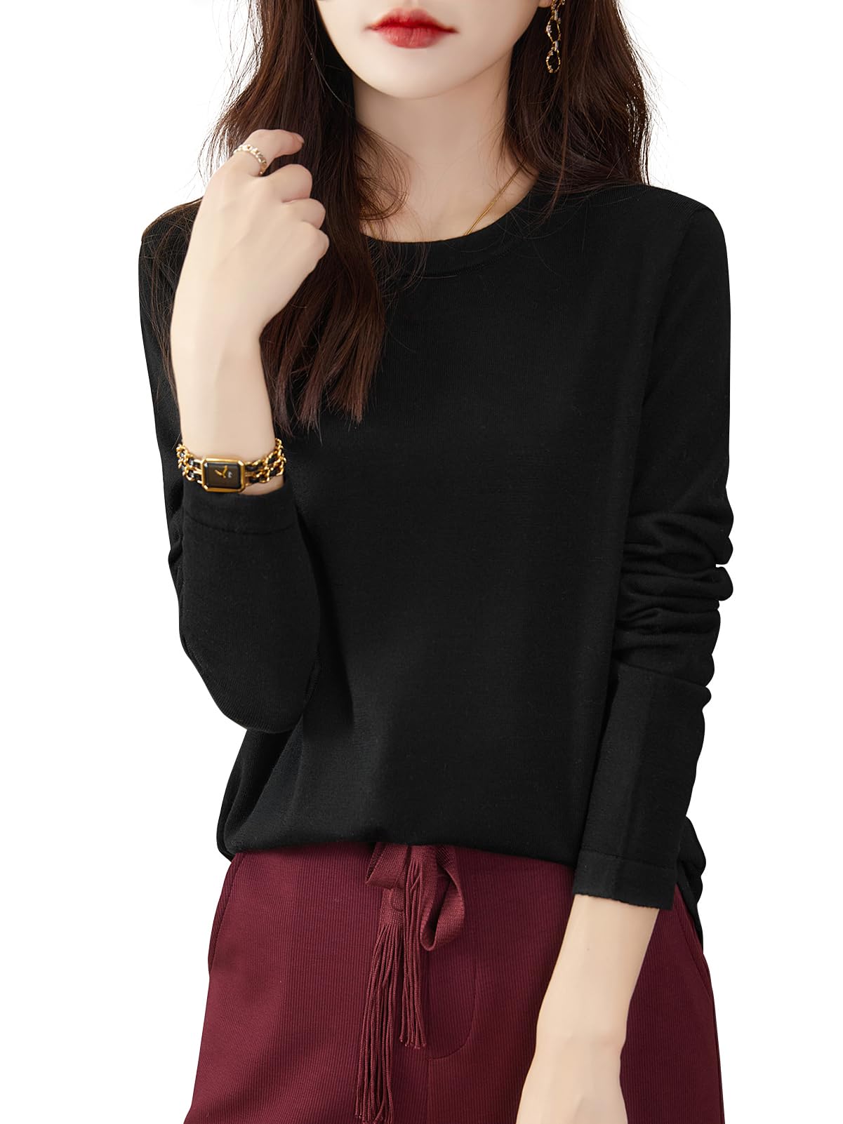 ChanyarnWomen's 100% Merino Wool Base Layer Shirt Tops Crewneck Long Sleeve Travel Hiking Tee T Shirt Pullover Sweater