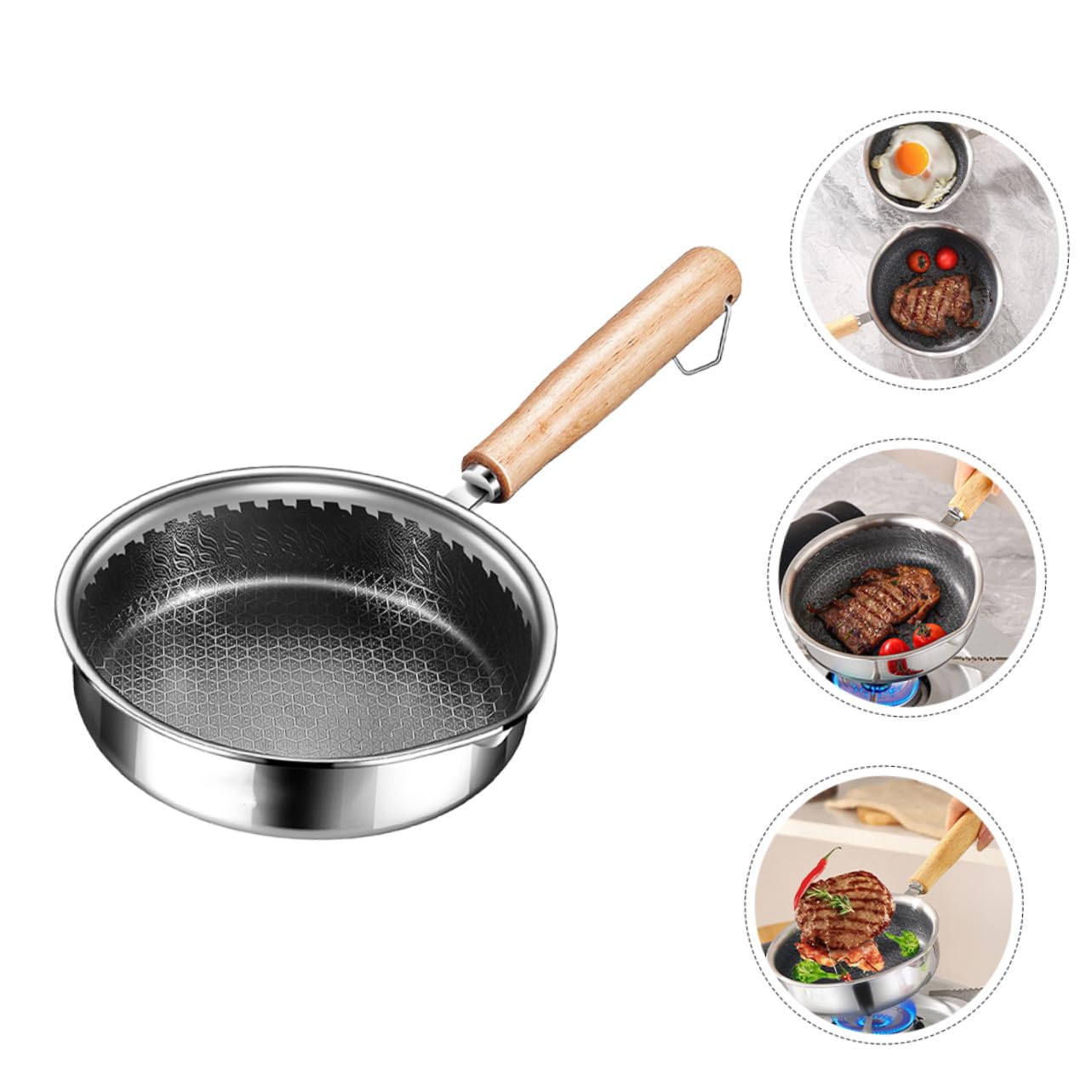 Lurrose Edelstahl Bratpfanne Wabenstruktur Antihaftbeschichtet Spiegeleipfanne mit Holzgriff Für Eier und Steaks Kochen Kleine Küchenutensilien Langlebig und Rutschfest