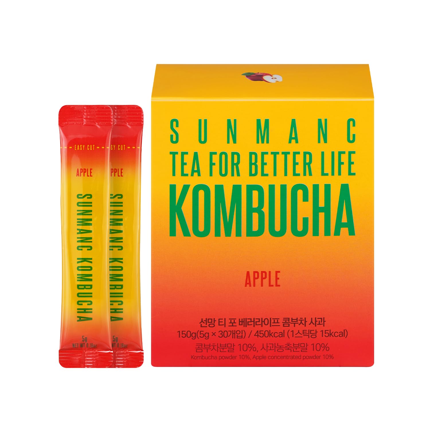 SUNMANC Kombucha 30 packets, Sparkling Probiotic Fermented Drink, Convenient Powdered Drink Mix, Tea Powder, Low Calories, Sugar 0g, Low Caffeine (Apple)