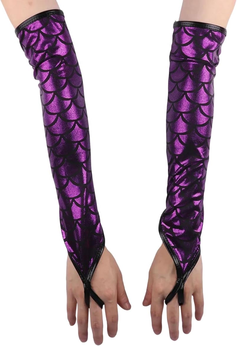 Womens Halloween Fish Scales Gloves Fingerless Long Glove Glossy Costume Rave Party Costume Mermaid Accessories for Cosplay