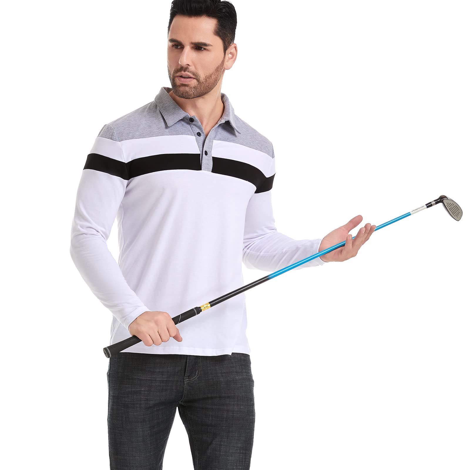 MANSDOUR Męskie koszulki polo na co dzień bawełna slim fit koszulka polo z długim rękawem i krótkim rękawem patchworkowa koszula golfowa z kołnierzem do pracy