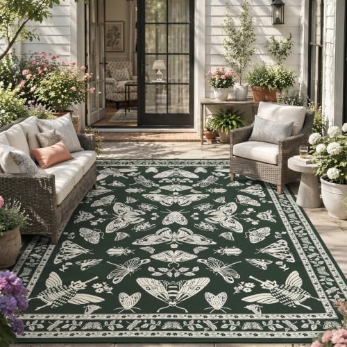 Engiw Tapis extérieur patio 5x8 tressé lavable rapide floral vert antidérapant