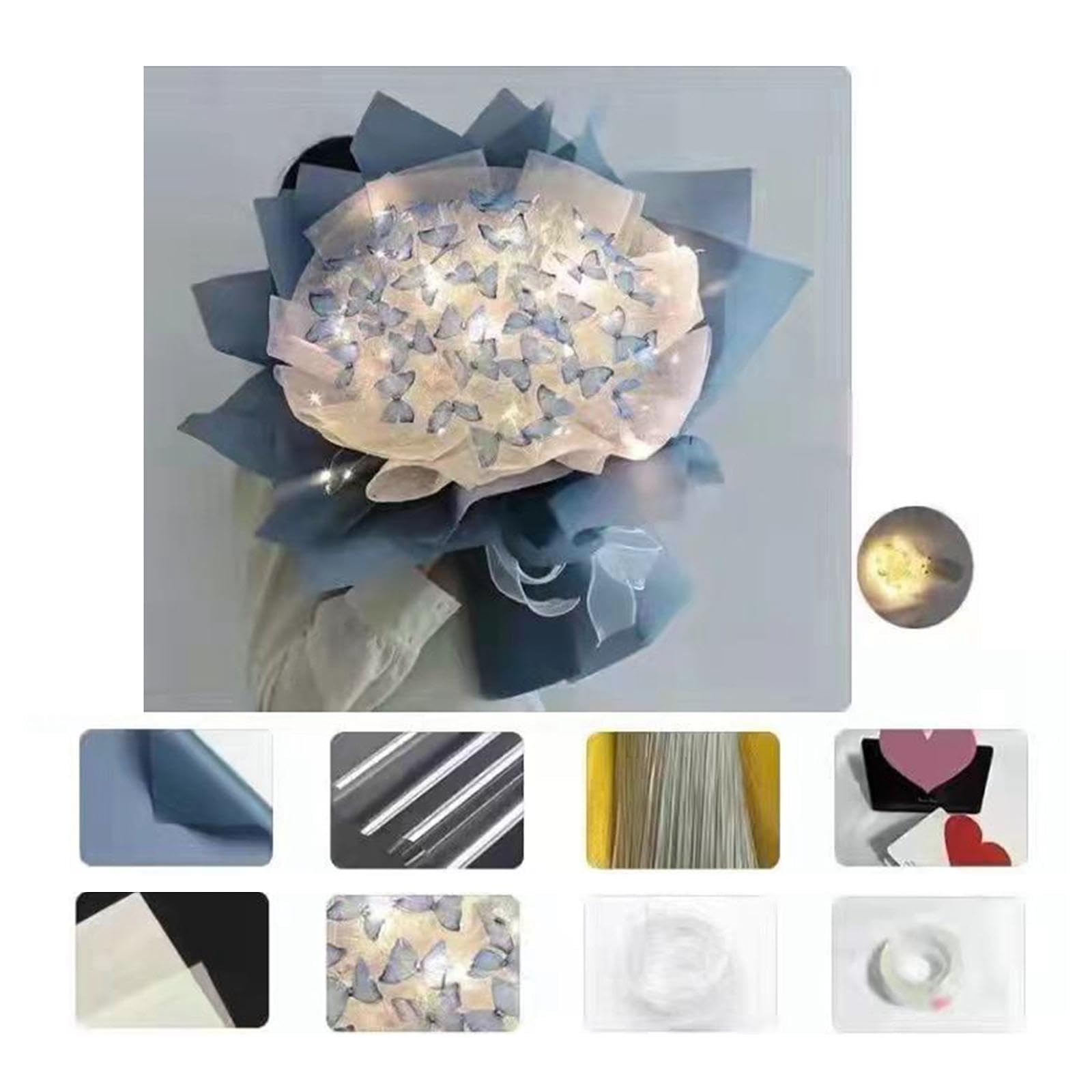Bouquet Sposa Kit Fiori Artificiali Farfalla Fai da Te Carta Nastro Ferro Creativo Adatto per Regalo Camera Letto Decorazione Tavolo Matrimonio Comple, Blu 52 Farfalla