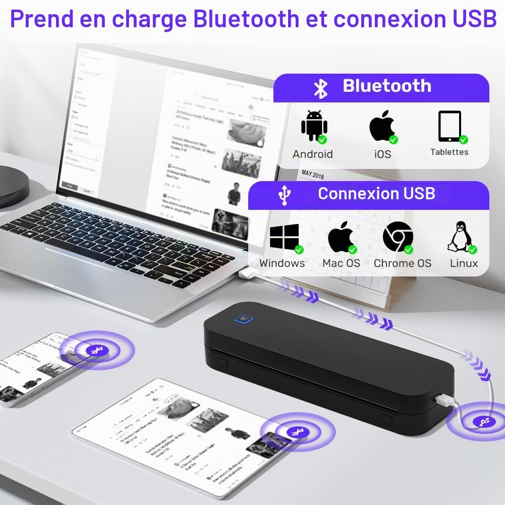 OFFCUP Imprimante Thermique A4, Imprimante Portable, Imprimante Tatouage, Imprimante sans Encre Bluetooth Compatible Android et iOS pour Bureau, Voyage, étude, Maison-Noir