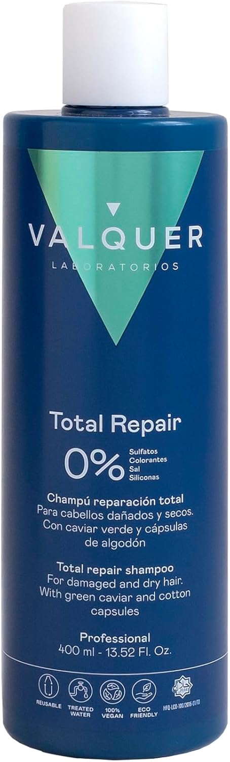 Valquer Professional │ Total Repair Zero% Shampoo | Zoutvrij, sulfaatvrij en siliconenvrij | Beschadigd en droog haar | Vegan | Haarherstel | 400 ml