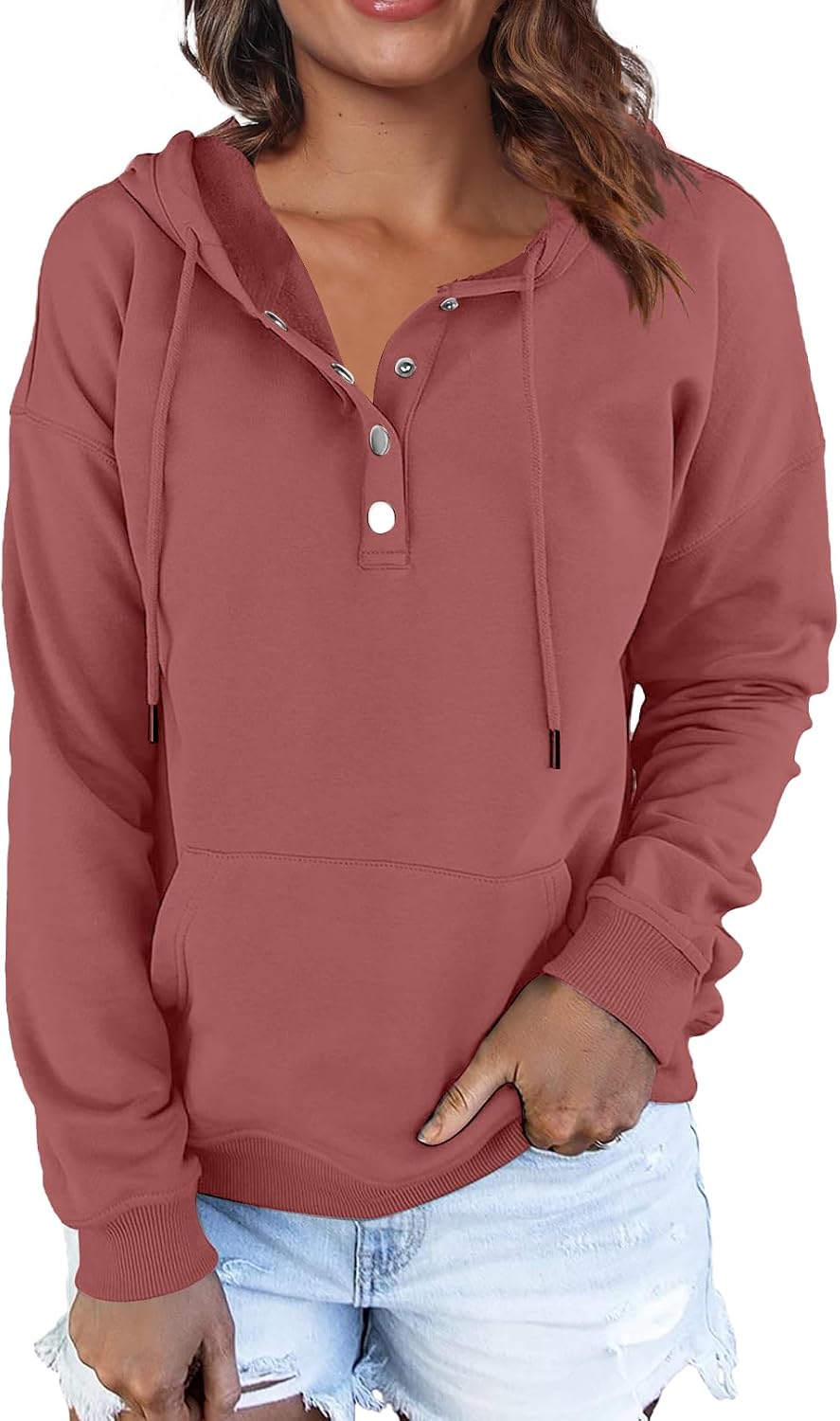 FKEEP Women Hoodies Casual Button Down Sweatshirt Drawstring Long Sleeve Pullover Fall Winter Clothes with Pockets