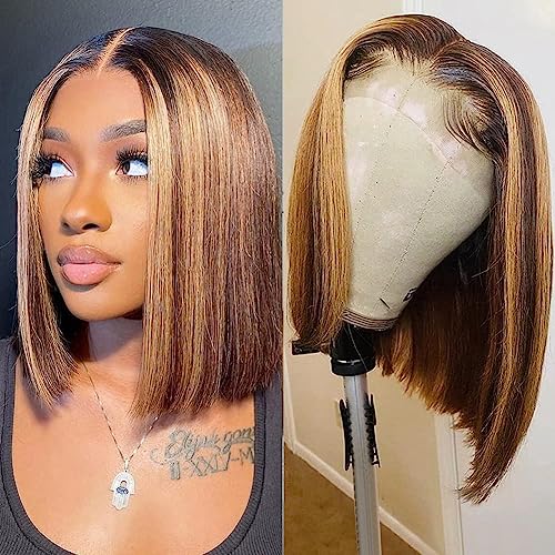 FASHION IDOL Bob Lace Front Wig Human Hair Pre Plucked 10 inches Short Bob Wig for Women Glueless T Part HD Lace Brazilian Virgin Human Hair Highlight