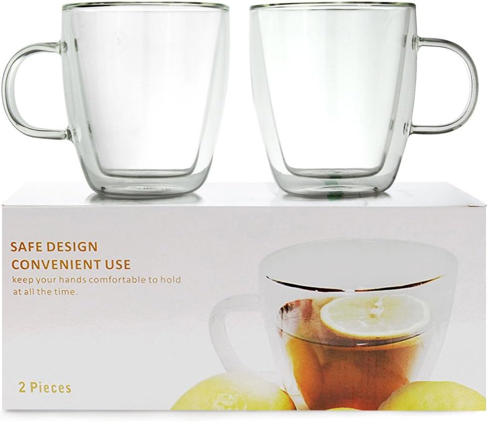 [Set of 2] 10 oz Double Wall Ultra Clear Insulated Coffee Mugs Espresso Mocha Green Black Tea Cups USA Company, Real Borosilicate Glass ~ We Pay Your Sales Tax