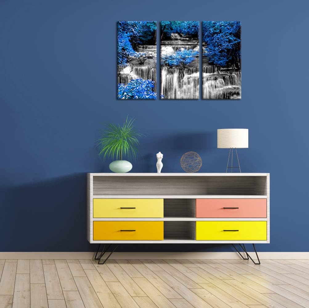 Visual Art Decor 3 Pieces Black and White Waterfall with Blue Trees Scenery Canvas Prints Home Living Room Large Modern Wall Decoration Ready to Hang, 12inx24inx3Pieces