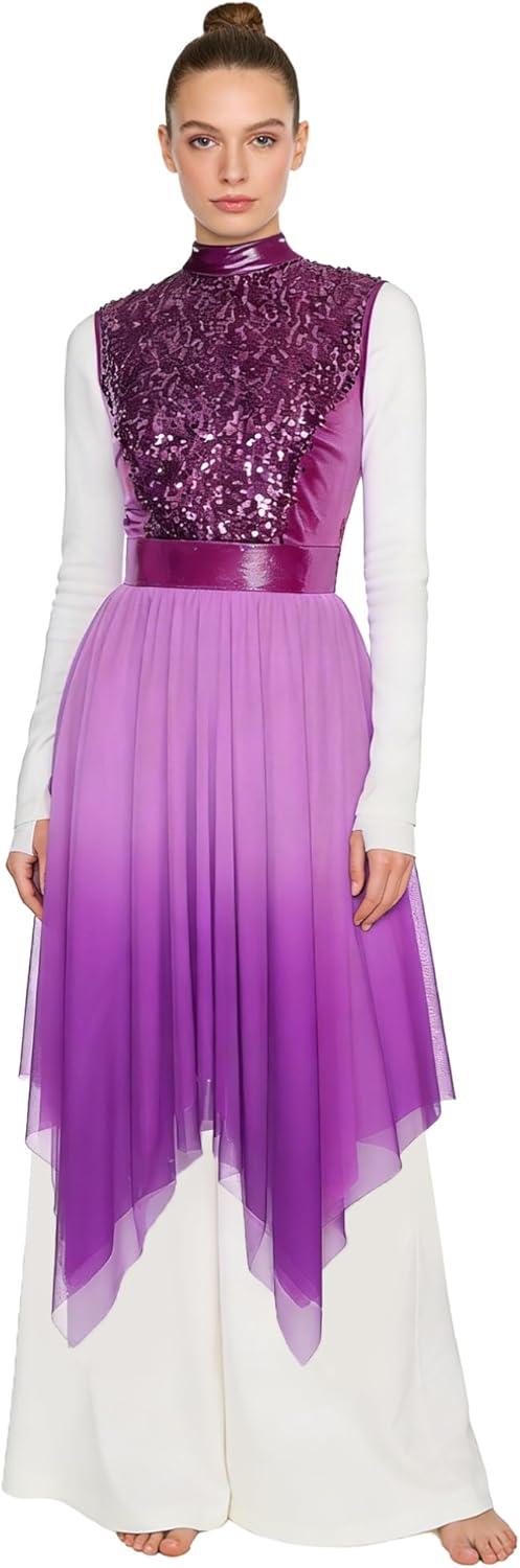FEESHOW Women Liturgical Praise Dance Dress Sequin Sleeveless Worship Overlay Tunic Lyrical Dancewear