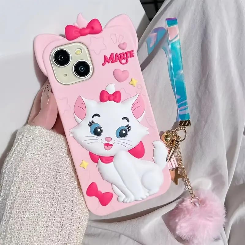 Image of COVERLY for Apple iPhone 12 Pro 3D Marie Kitty Bow Cartoon Case,Premium Silicone Case with Charm Hair Ball Furr Pendant Adorable Cat Cool Full Protective Cute Kawaii Aesthetic Cover,Pink