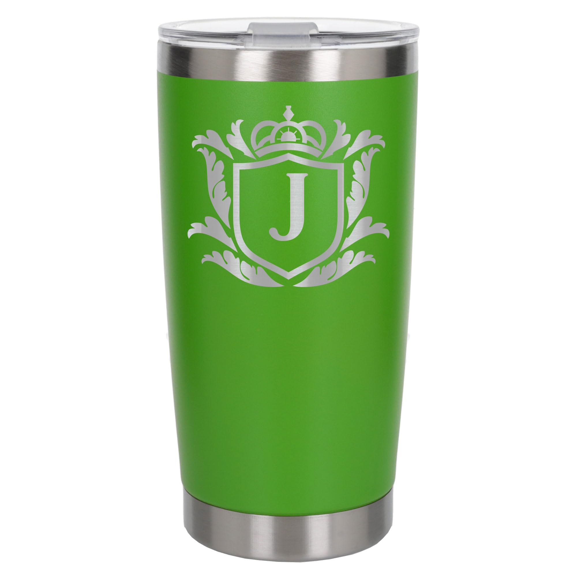 Customised Gifts 500ml Engraved Shield Initial Monogram Insulated Personalised Green Travel Mug for Men and Women - Personalised Initial Coffee Travel Mug for Hot and Cold Beverages, Letter J