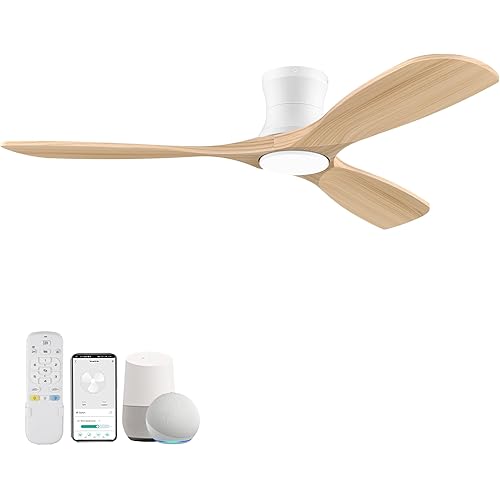 Smart 52” Wood Flush Mount Ceiling Fans with Lights and Remote,Quiet DC Motor,Outdoor Indoor Ultra Low Profile Ceiling Fan works with Alexa WIFI APP,Modern White Ceiling Fan for Bedroom Patio