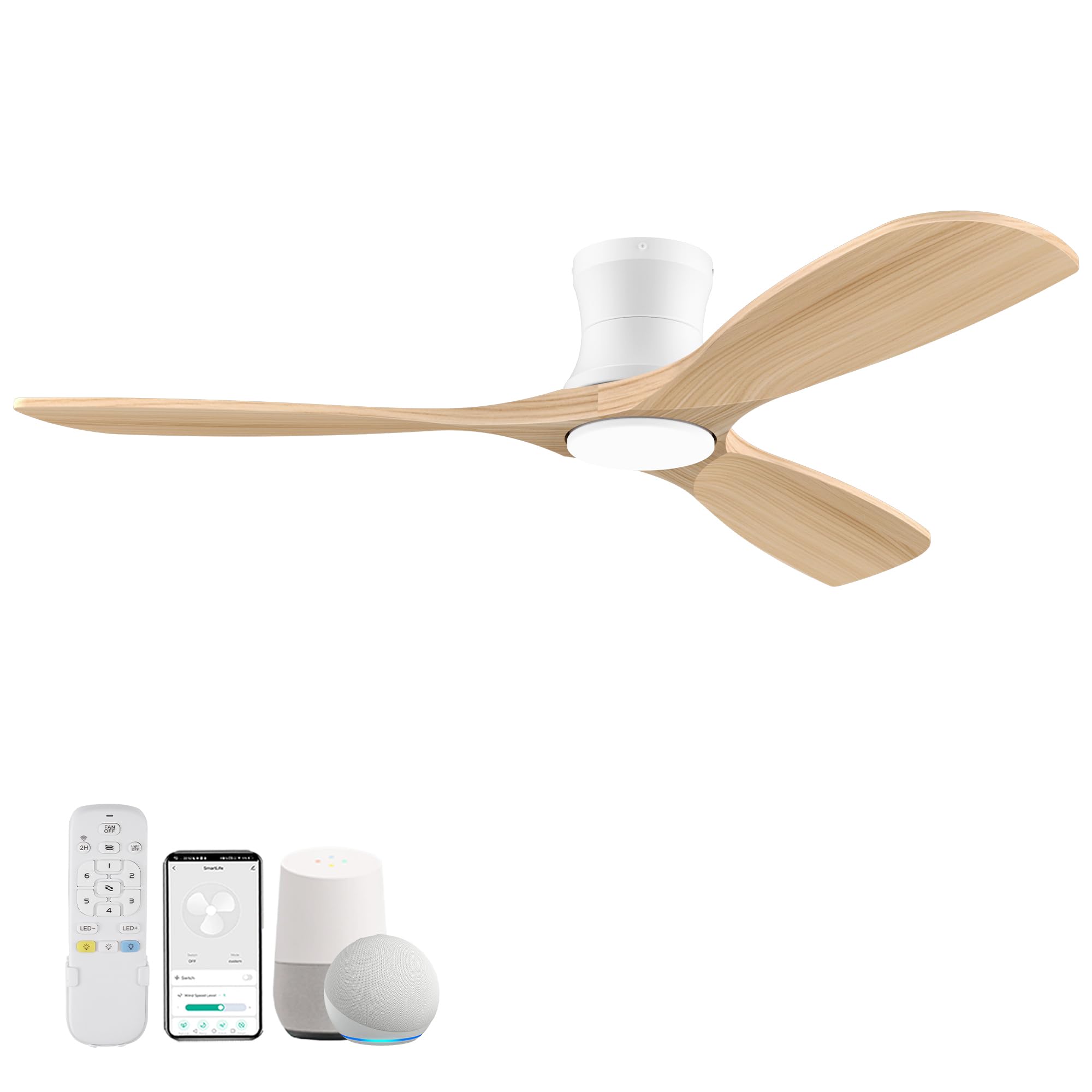 Smart 52” Wood Flush Mount Ceiling Fans with Lights and Remote,Quiet DC Motor,Outdoor Indoor Ultra Low Profile Ceiling Fan works with Alexa WIFI APP,Modern White Ceiling Fan for Bedroom Patio