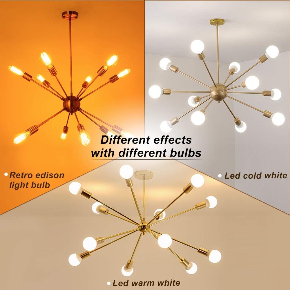 Exclusive Discount 80% Offer YHYSTL Modern Sputnik Chandelier Vintage Brushed Brass Ceiling Light Fixture Industrial Pendant Lighting for Dining Room Kitchen Living Room Bedroom Brass 12 Lights
