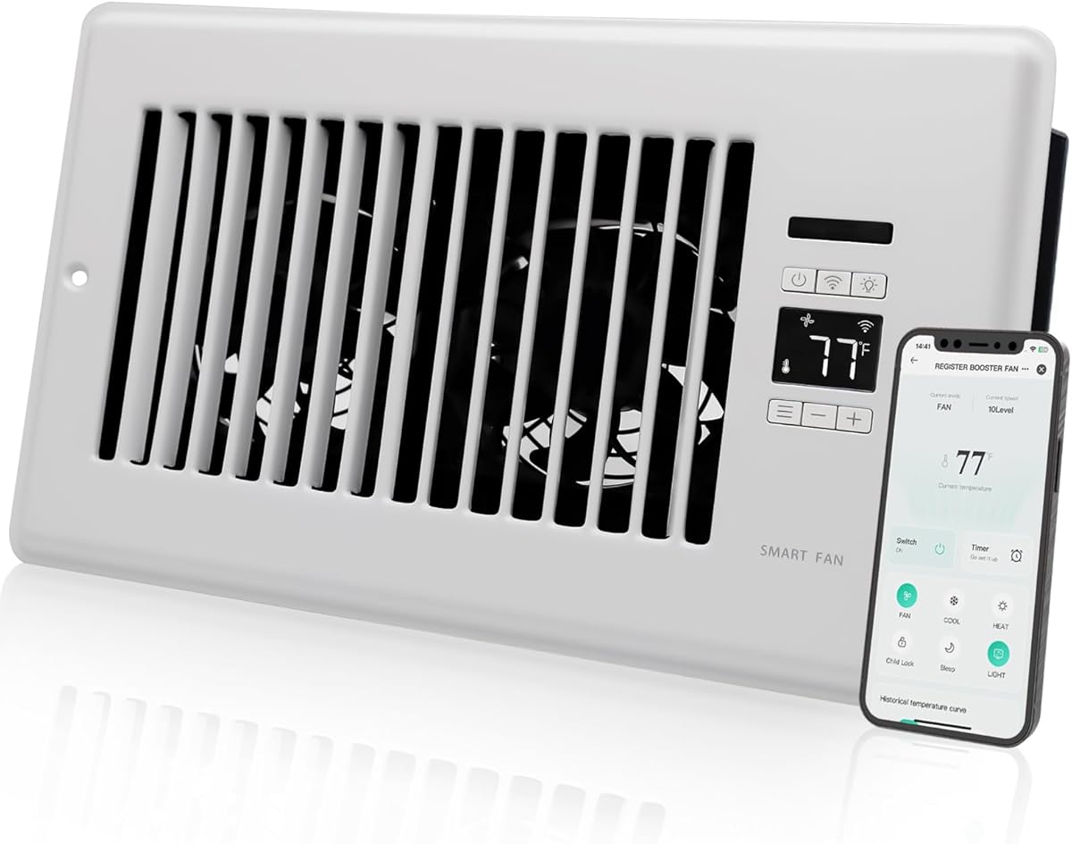 Super Quiet Register Booster Fan for 6" x 10" Register Holes, Smart Register Vent with Dual Intelligent Thermostat and WIFI App Control, Heating Cooling AC Vent Fan (White)