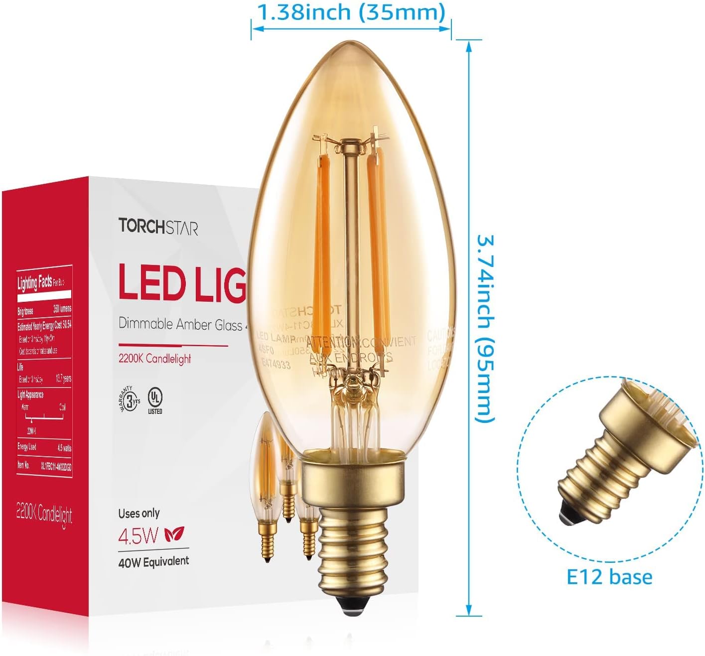 TORCHSTAR 12-Pack Dimmable E12 LED Candelabra Bulb, UL Listed, 40W Equivalent Chandelier Light Bulbs, 350lm, LED Filament Candle Bulb C11, Amber Glass Ceiling Fan Light Bulbs, 2200K Amber Warm