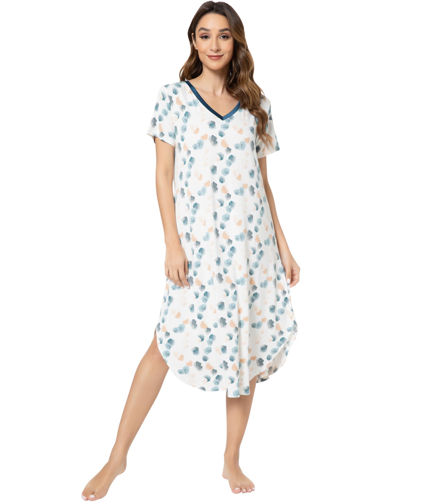 NACHILA Bamboo Viscose Nightgowns for Women Cooling Short Sleeve Sleepshirt | Soft V Neck Night Gowns, Moisture-Wicking Sleepwear for Hot Flashes &amp; Night Sweats, Ladies Nightshirts for Sleep, Home, Gift