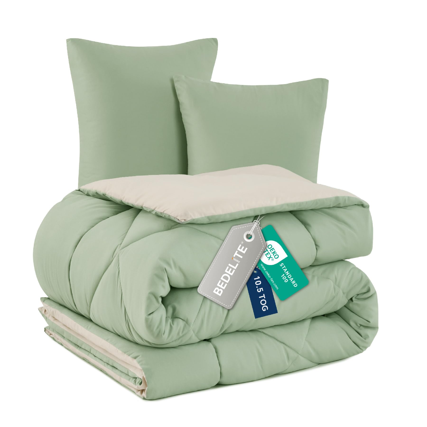 BEDELITE Coverless Duvet Single 10.5 tog Comforter Set, Sage Green+Beige