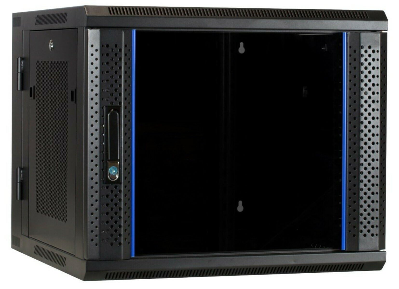 9HE Netzwerkschrank (Serverschrank) 19 Zoll wendbares Wandgehäuse Glastür und perforierten Seitenwänden - (BxTxH) 600x600x501mm - Schwarz