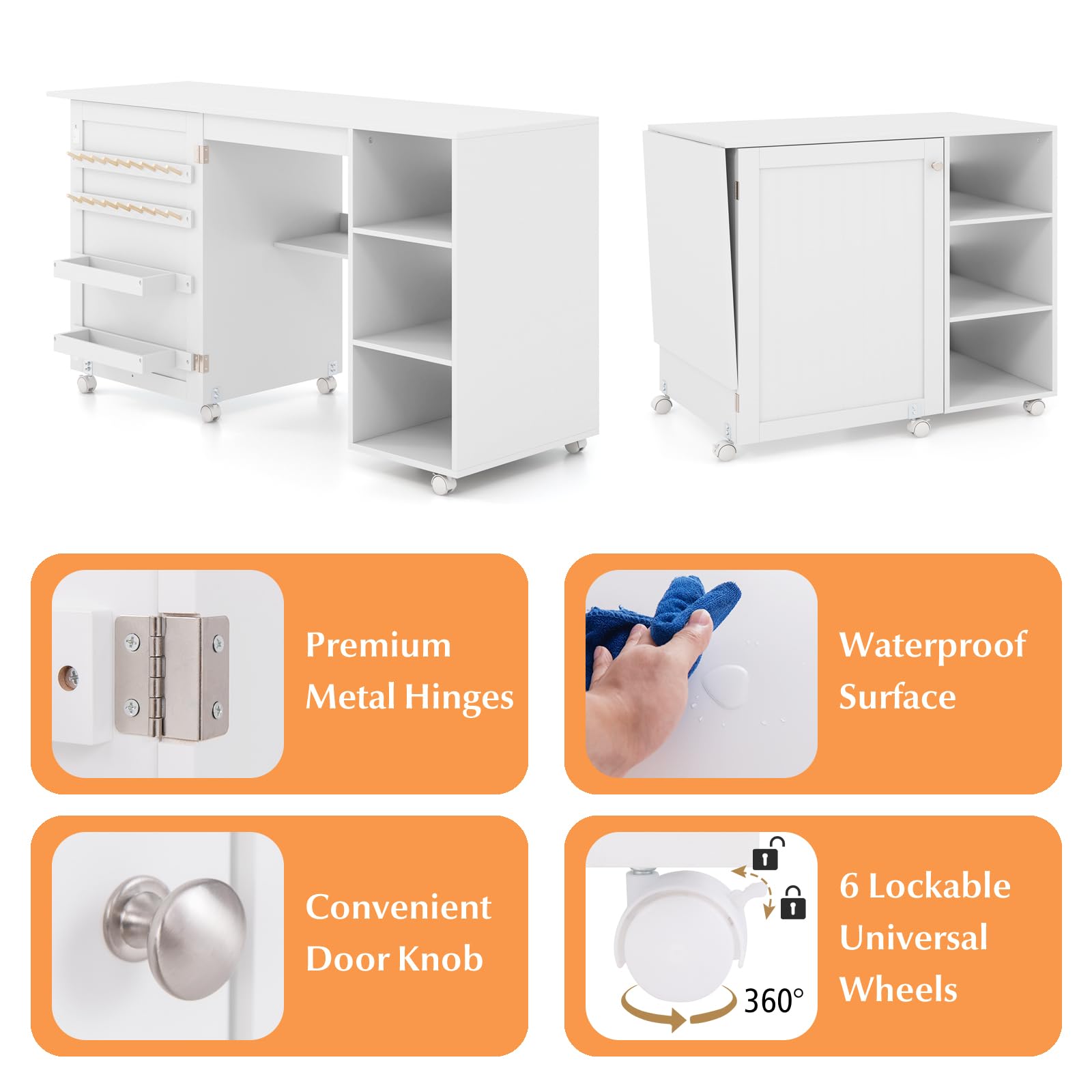 LIFEZEAL Mesa de Costura Plegable, Armario de Costura con 2 Soportes para Hilos y 18 Ganchos, Estación de Manualidad con 3 Estantes de Almacenamiento, Mueble para Máquina de Coser Portátil con Ruedas
