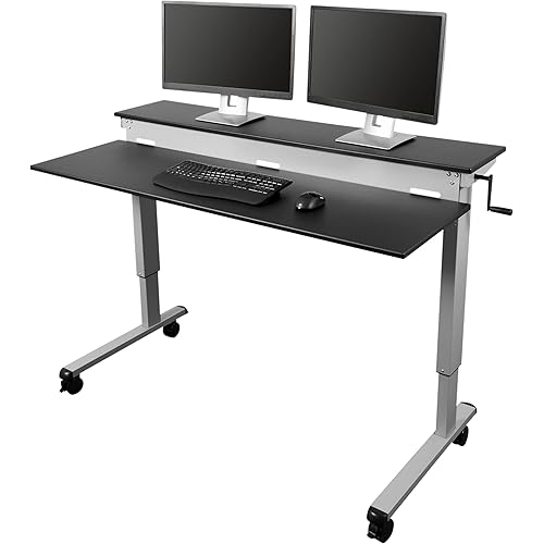 S STAND UP DESK STORE Crank Adjustable 2-Tier Standing Desk with Heavy Duty Steel Frame (Silver Frame/Black Top, 60 inch Wide)