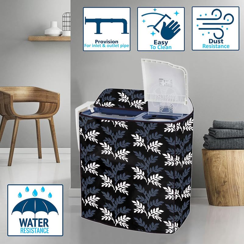 Image of PVC Printed Semi Automatic Washing Machine Cover Compatible For Samsung, Lg, Whirlpool 6Kg, 6.2Kg, 6.5Kg, 7Kg, 7.2Kg, 7.5Kg, 8kg, 8.5kg | Waterproof & Dustproof Cover, Black leaf.