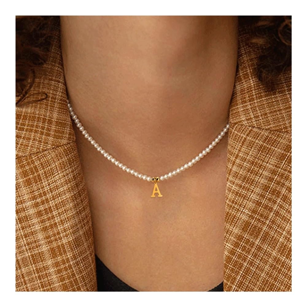 Esmenatzls Women's A Stainless Steel Letters Initial Pendant Necklace Diy Name Simulated Pearls Bead Necklaces For Pearl Woman's Choker Jewelry(A)