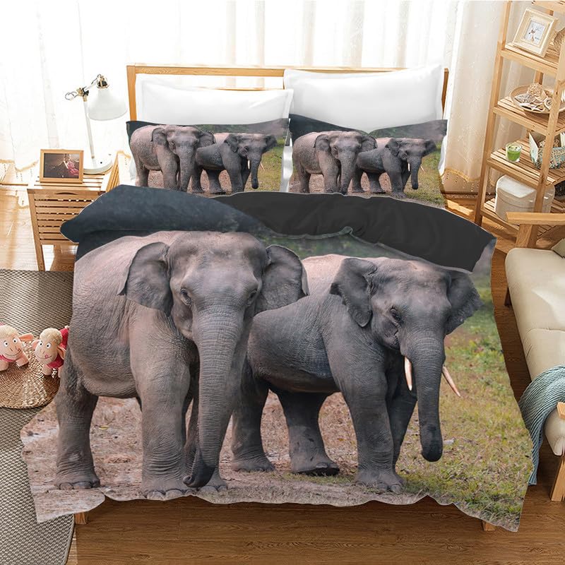 Parure de lit 240 x 260 cm grise avec housse de couette éléphants et taies en microfibre