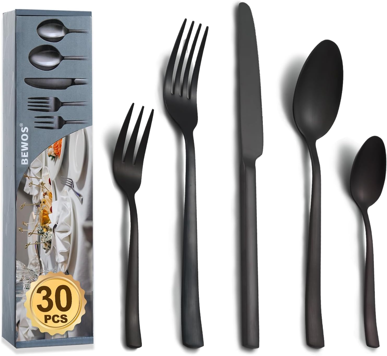 BEWOS 30 pièces Couverts pour 6 personnes, Set d'argent noir en acier inoxydable, Set de couverts noir mat avec couteaux, fourchettes et cuillères, poignée ergonomique