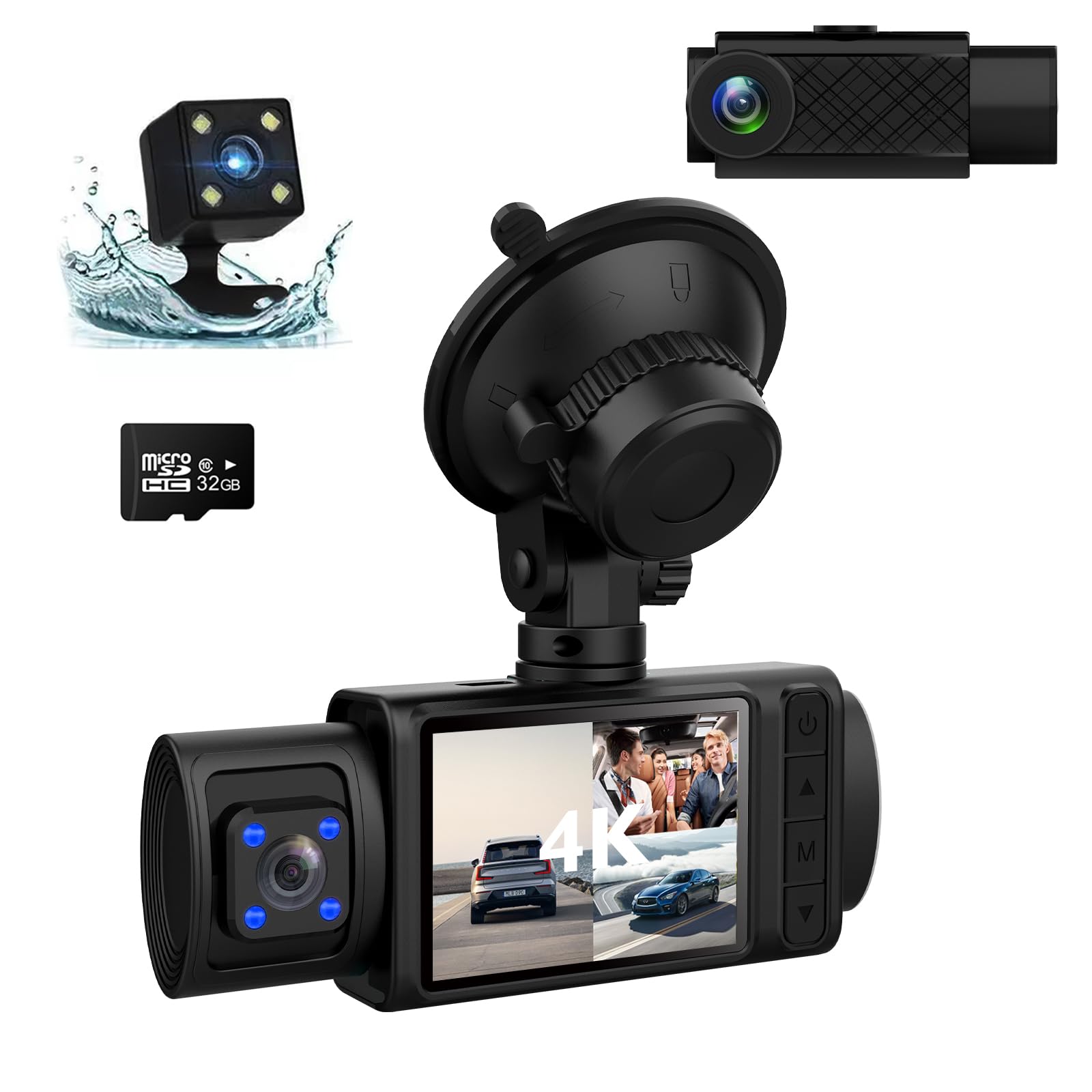 3 Channel Dash 4K+1080P Front and Rear, Camera for Cars,4K Full UHD Car Camera Front Rear with Free 32GB SD Card 4K Full UHD 170 Deg Wide Angle Dashboard, with Infrared Night Vision