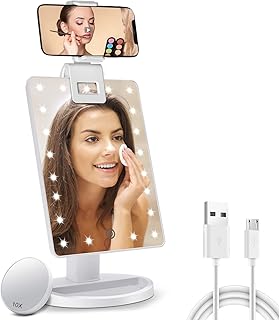 Lighted Makeup Vanity Mirror with Phone Holder and 10X Magnifying Mirror, 21 LED Lighted Mirror with Touch Sensor Dimming, 180°Adjustable Rotation, Dual Power Supply, Portable Cosmetic Mirror…
