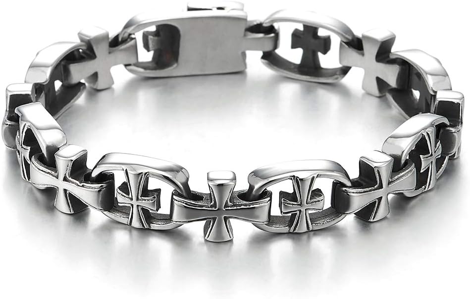 COOLSTEELANDBEYOND Exquisite Stainless Steel Cross Link Chain Bracelet for Men, Rock Punk Biker Faith