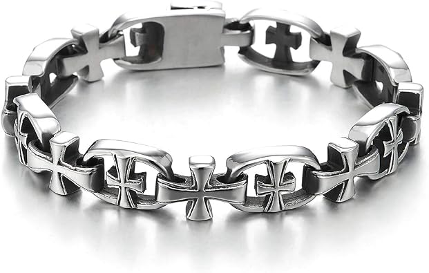 COOLSTEELANDBEYOND Exquisite Stainless Steel Cross Link Chain Bracelet for Men, Rock Punk Biker Faith
