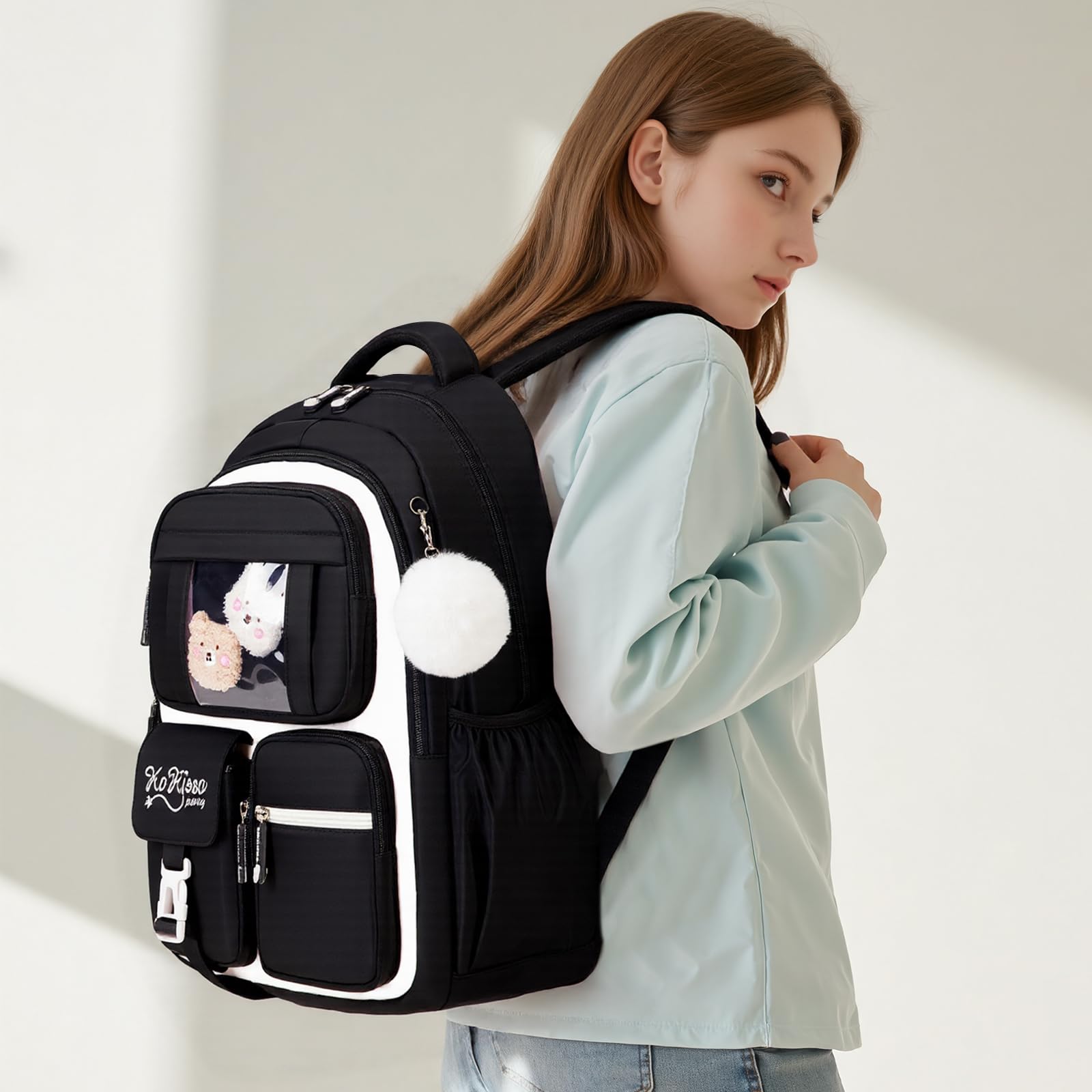 mygreen Bonita mochila para niña con colgante de bola de peluche y protección antirrobo, Negro y blanco, Mochilas rucksack