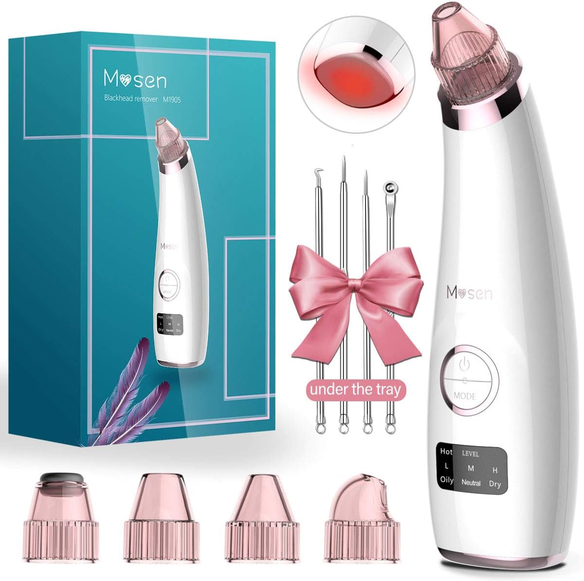 Mosen Blackhead Remover Vacuum Professional Pore Vacuum Cleaner Acne Comedone Extractor USB Rechargeable LED Display 4 Modes 5 Replaceable Probes (Extra Blackhead Remover Kit Included) (White)