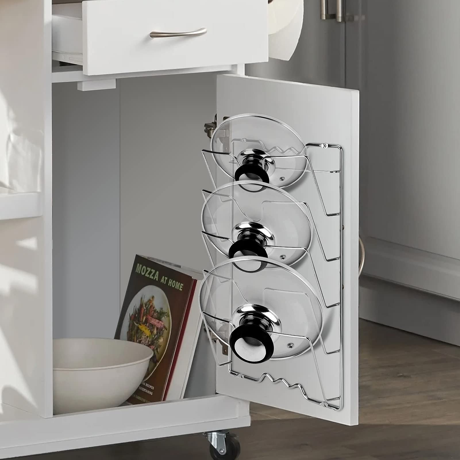 Soporte para Tapaderas de Ollas y Sartenes, Organizador de 5 Apartados, Montaje en Pared o Puerta, para Gabinete de Cocina