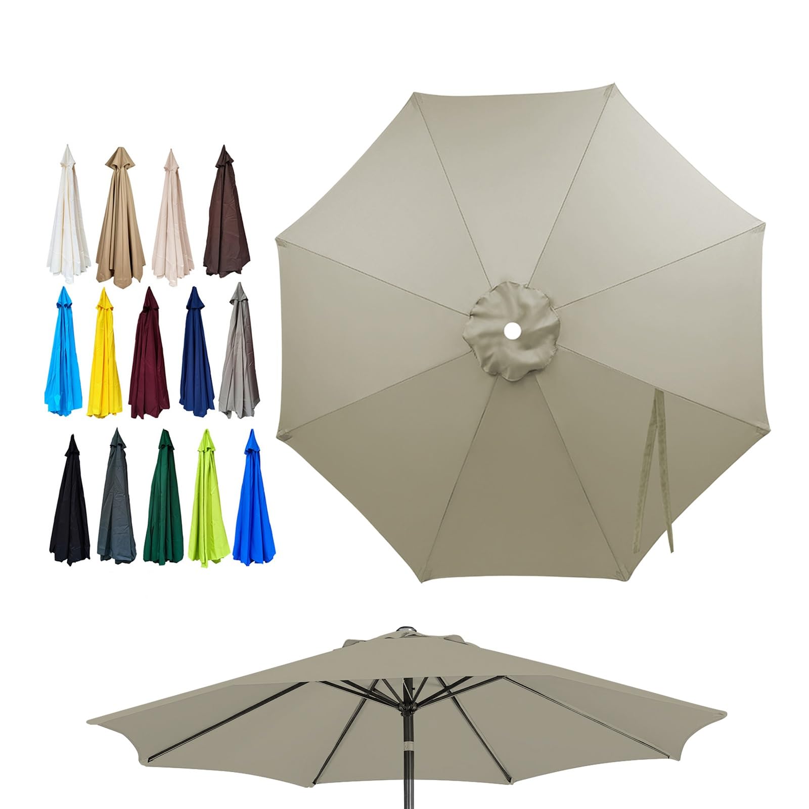 ESOYAWE Toile Parasol 6/8 Baleines Auvent De Rechange pour Parasol De Jardin Rond 4m/3.5m/3m/2.7m/2.5m/2m, Rechange Housse Dessus De Parapluie pour Parasol Déporté, Tissu De Polyester(Taupe,8ribs/3m)