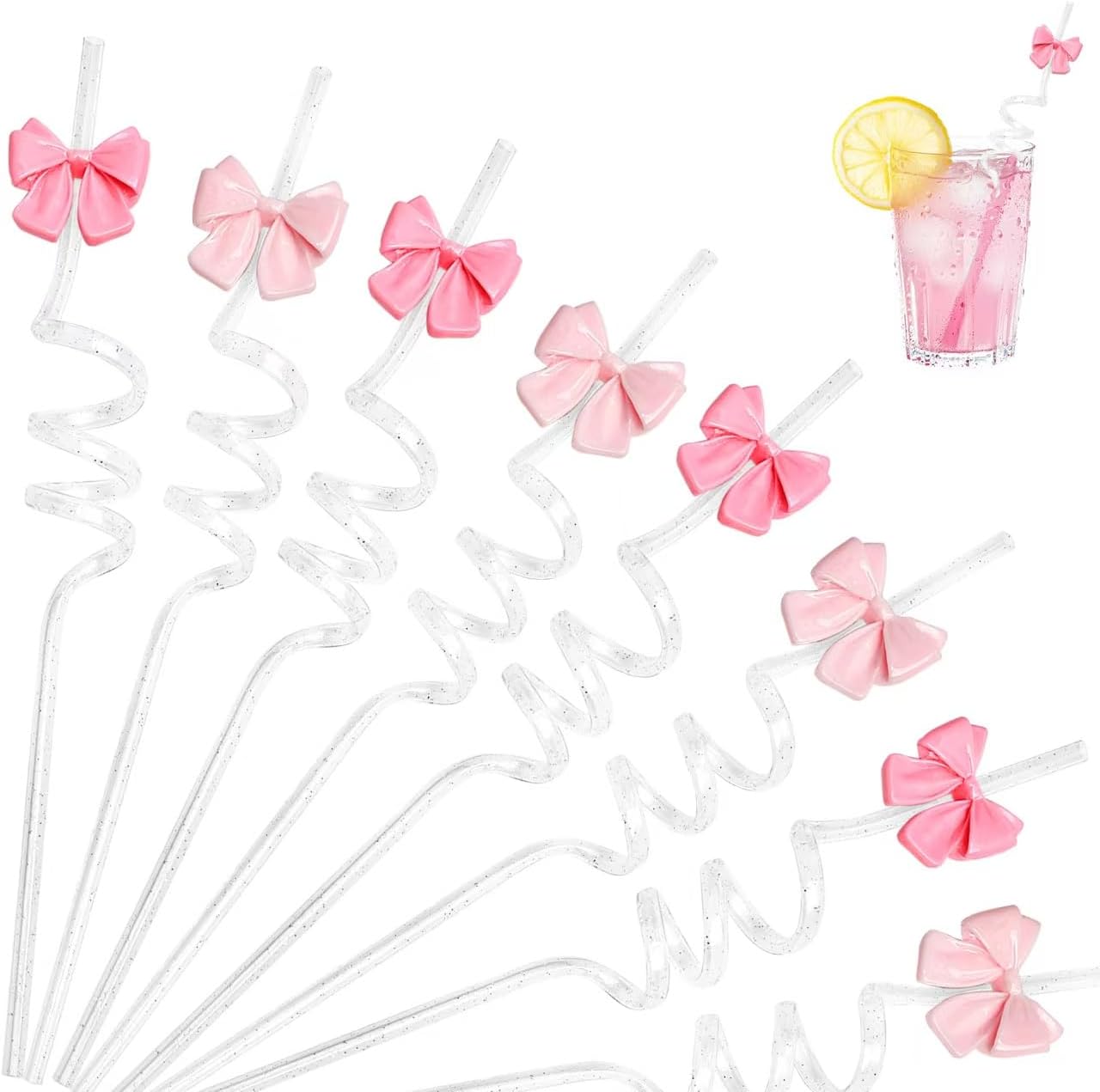 12Pcs Glitter Reusable Bow Plastic Straws Drinking Pink Bow Party Favors Straws, Bow Theme Birthday Party Bridal Engagement Drinkware Coquette Cute Party Supplies
