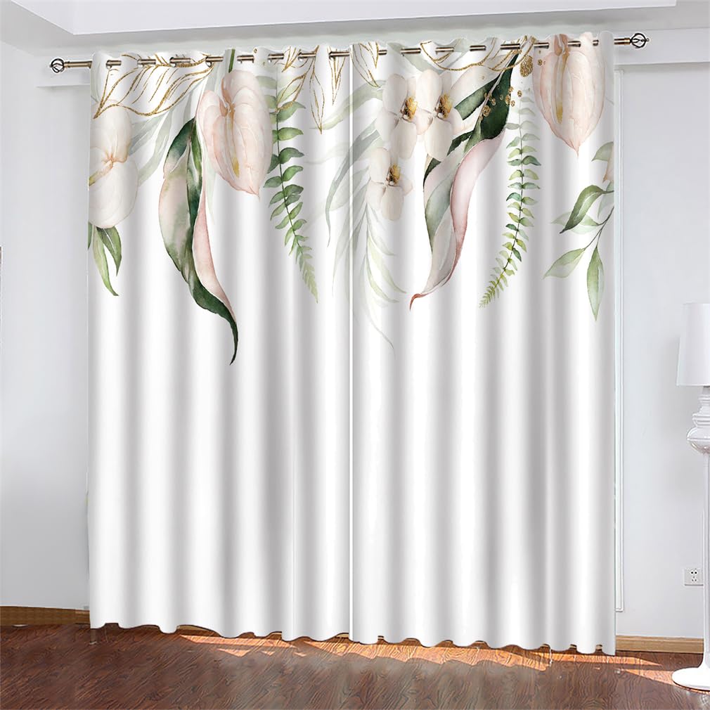 Tomifine Tropical Curtains Thermal Insulated Blackout Curtains Palm Tree Leaf Pattern Drapes (30" W (76cm) x 63" D (160cm) x 2,White Pink)