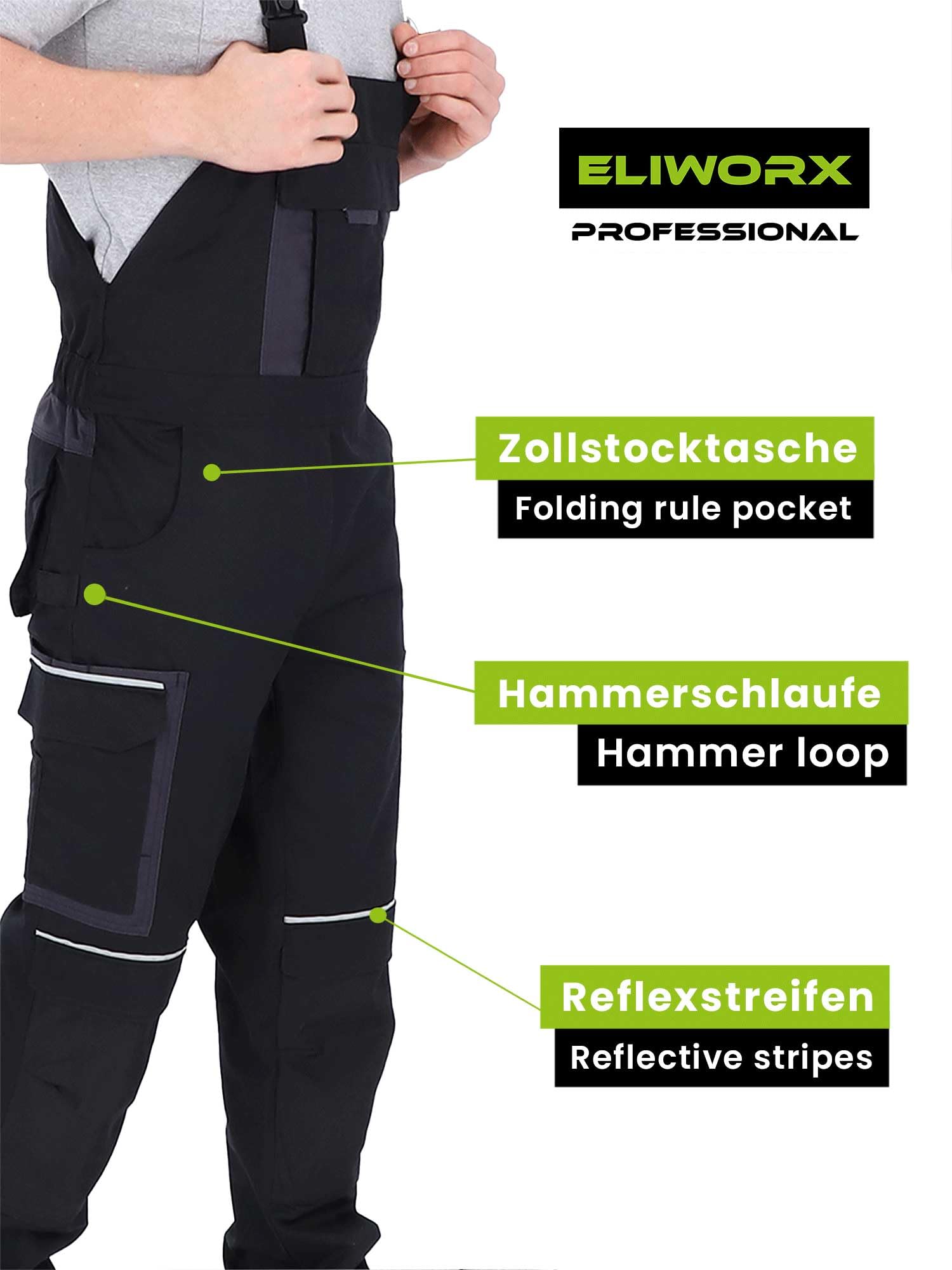 Latzhose Herren mit Stretch – Lange Arbeitshose für Männer mit Werkzeugtaschen – Robuste Arbeitskleidung für Handwerk, BAU & Heimwerker – bequem & strapazierfähig