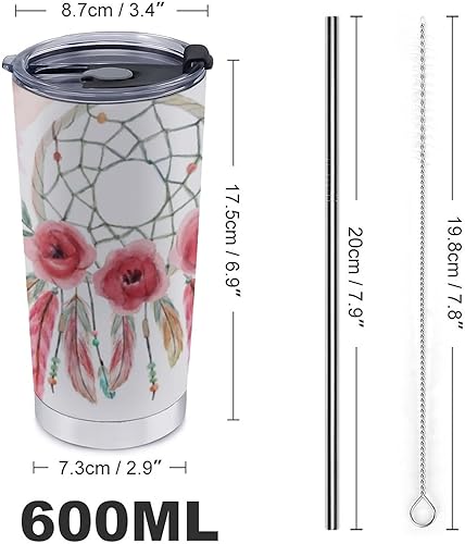 Miniatura 2 de ALLMIX SPOROT Vaso de acero inoxidable con tapa y pajilla 20 onzas diseño de atrapasueños rosa con aislamiento para café taza de viaje para mamá